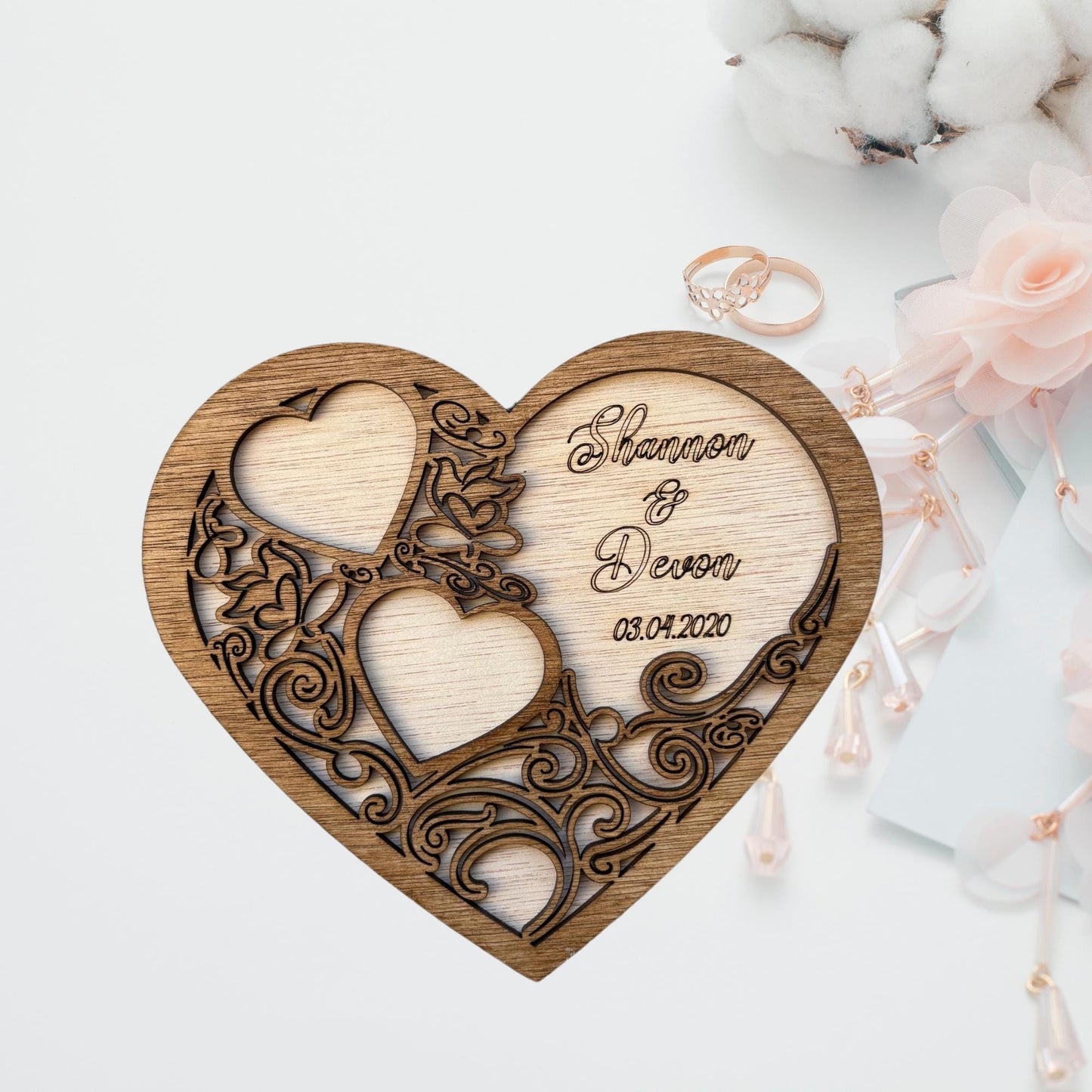 Personalised Wooden Heart Ring Holder for Wedding Ceremony