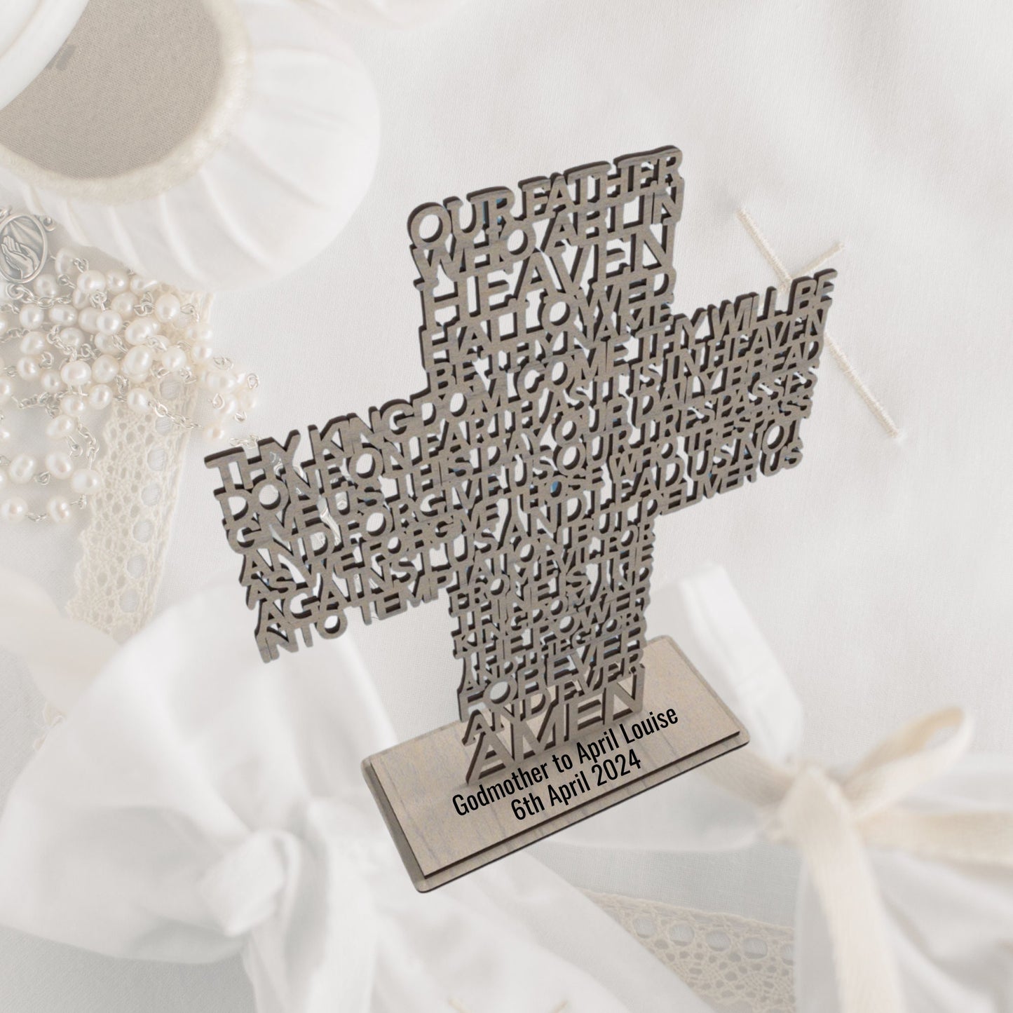 Wooden Cross with Personalised Base with the wording of the Lord's Prayer laser cut.