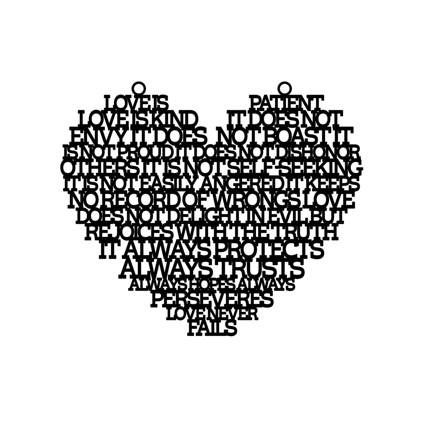 Wooden Hanging Heart laser cut with wording from Corinthians Love is Patient Love Is Kind