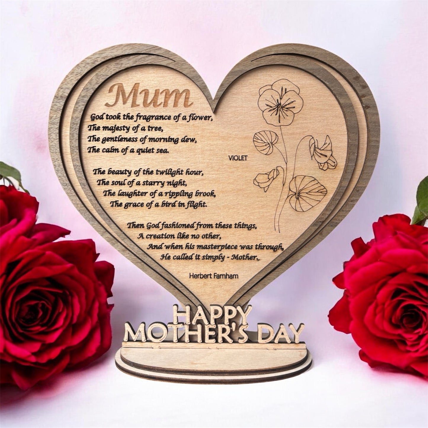 Wooden Heart Plaque with Engraved Poem, Birth Flower Mum Gift