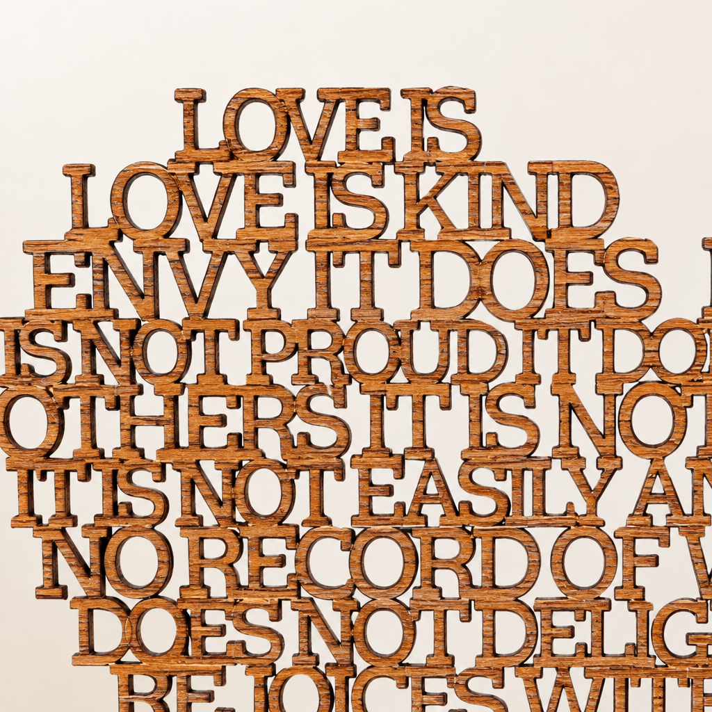 Close-up of the original Corinthians laser-cut wooden lettering