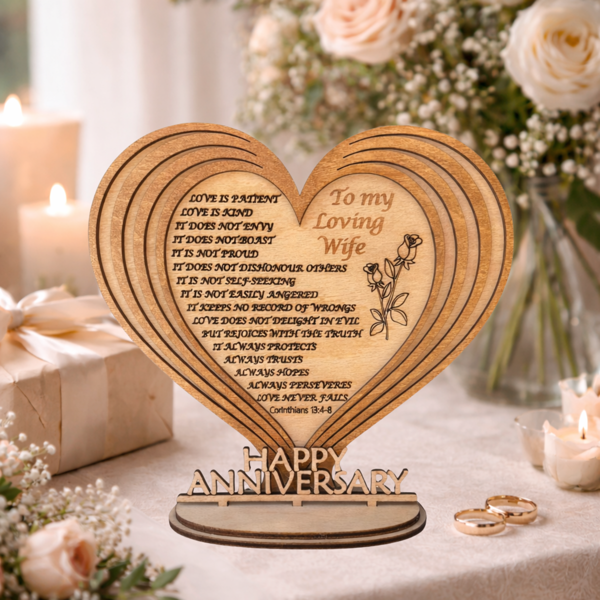 Wooden heart-shaped 10th anniversary gift for wife with engraved text on a table with flowers and candles.