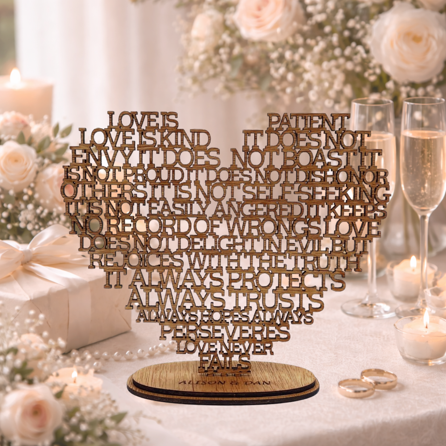 50th Golden Wedding Anniversary Gift - Wooden Heart with Love is Patient Love is Kind laser cut