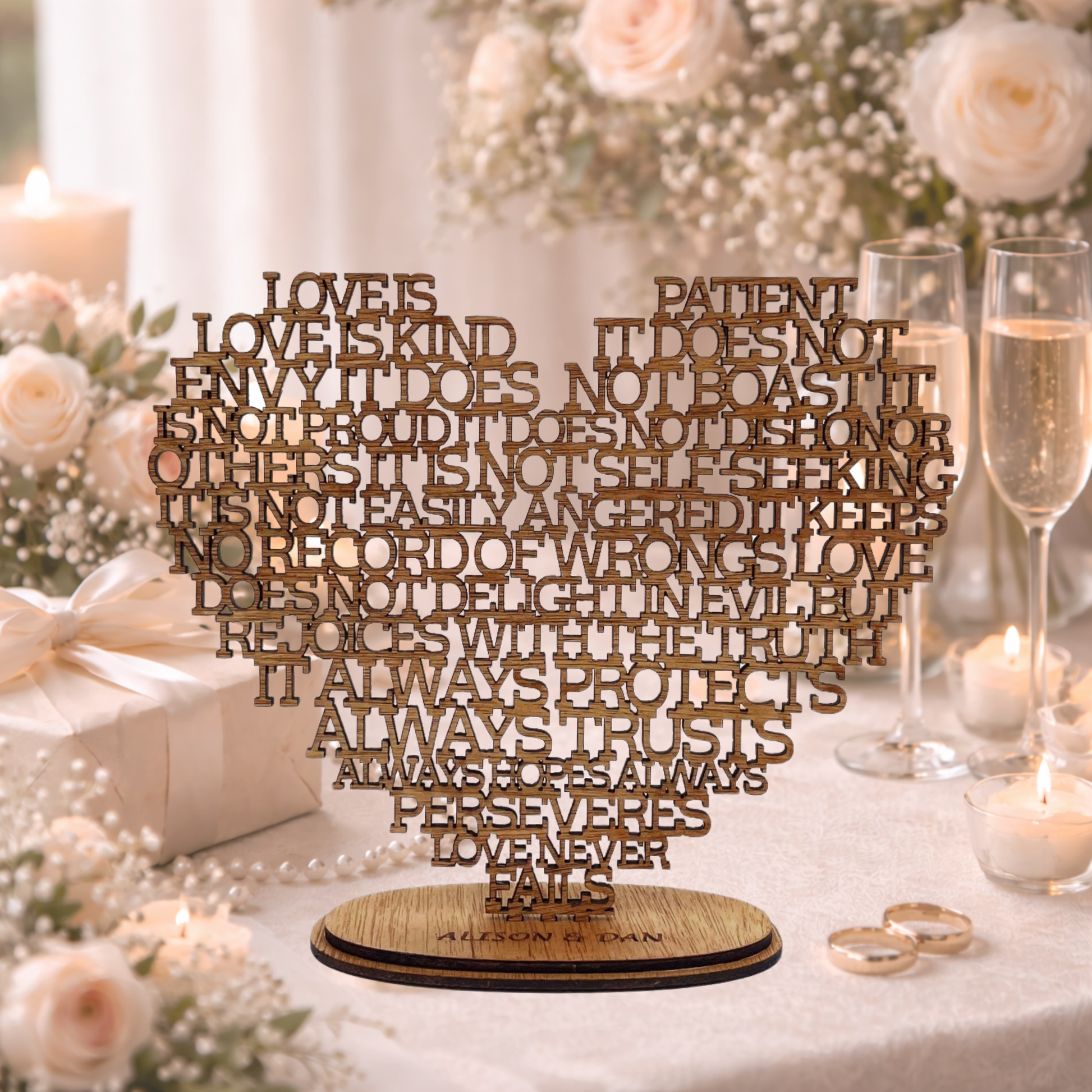 50th Golden Wedding Anniversary Gift - Wooden Heart with Love is Patient Love is Kind laser cut