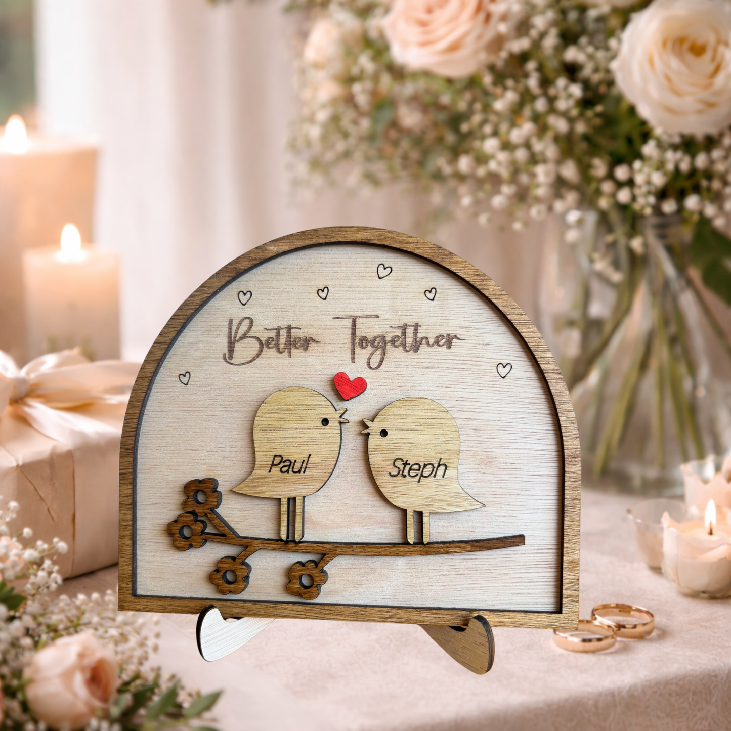 Golden Wedding Anniversary Gift - Personalised Love Birds Wooden Ornament