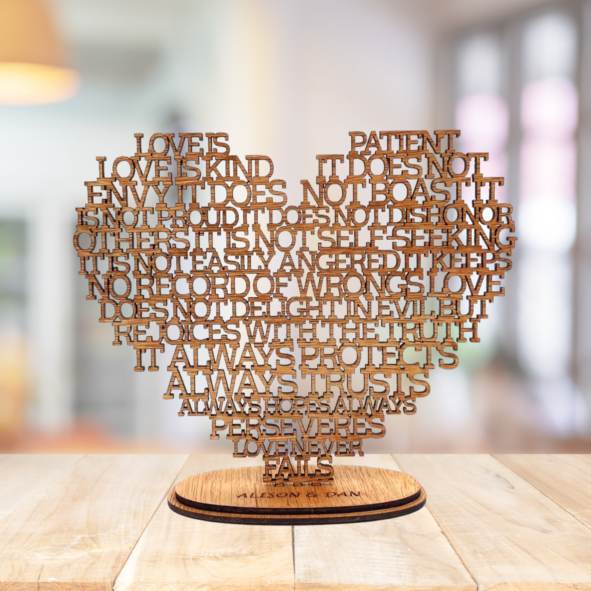 Wooden Corinthians Heart with stand laser cut for a 60th Wedding Anniversary Gift Personalised