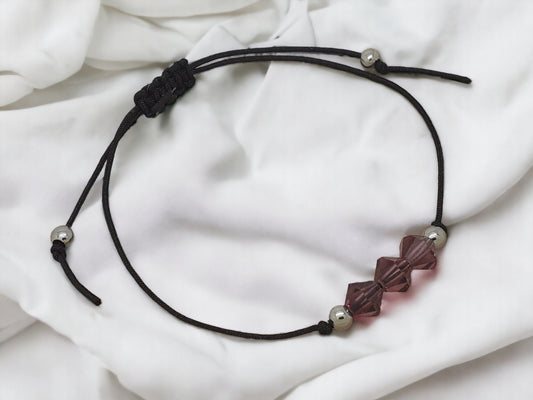 Amethyst Crystal Bracelet with sliding macrame knot and stainless steel beads to finish