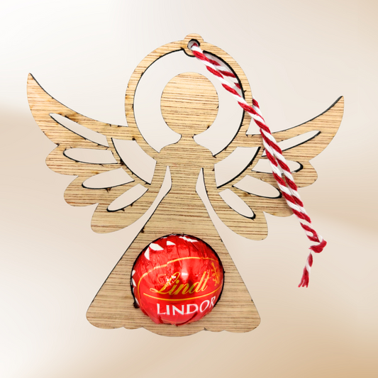 Angel Chocolate Holder made from laser wood.  Will fit a round Lindt Lindor chocolate. Great Christmas Gift