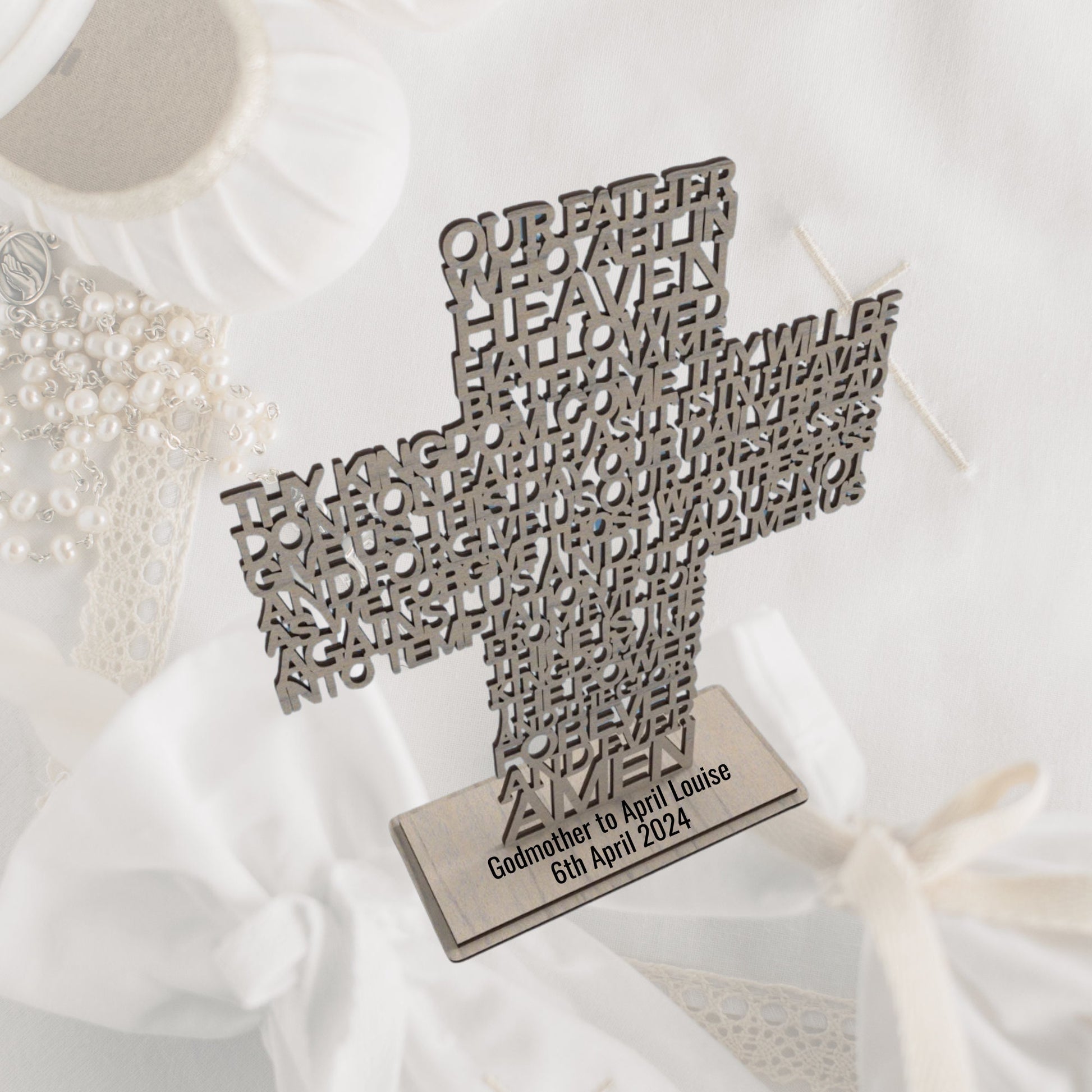 Wooden Cross with Personalised Base with the wording of the Lord's Prayer laser cut.