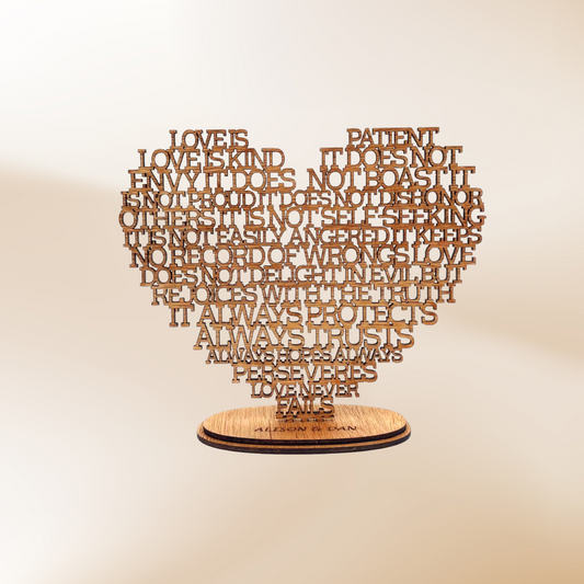 50th Anniversary Present - Wooden Heart with the wording from Corinthians Love is Patient Love is Kind