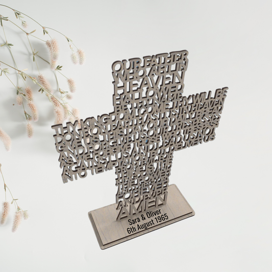 The Lords Prayer Wooden Cross for a Diamond Wedding Anniversary Gift with Personalised Base