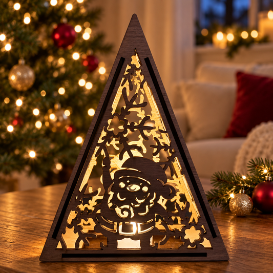 A triangular wooden Christmas tree light with a glowing Santa Claus silhouette and snowflake cutout design, placed on a wooden table in a cozy living room setting with a decorated Christmas tree in the background.
