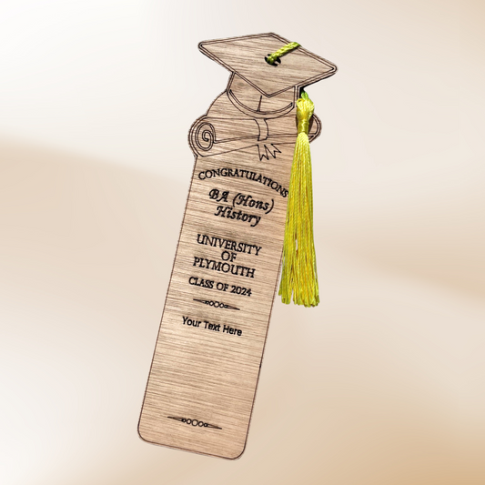 Personalised Graduation Bookmark made from wood and finished with a colourful tassel