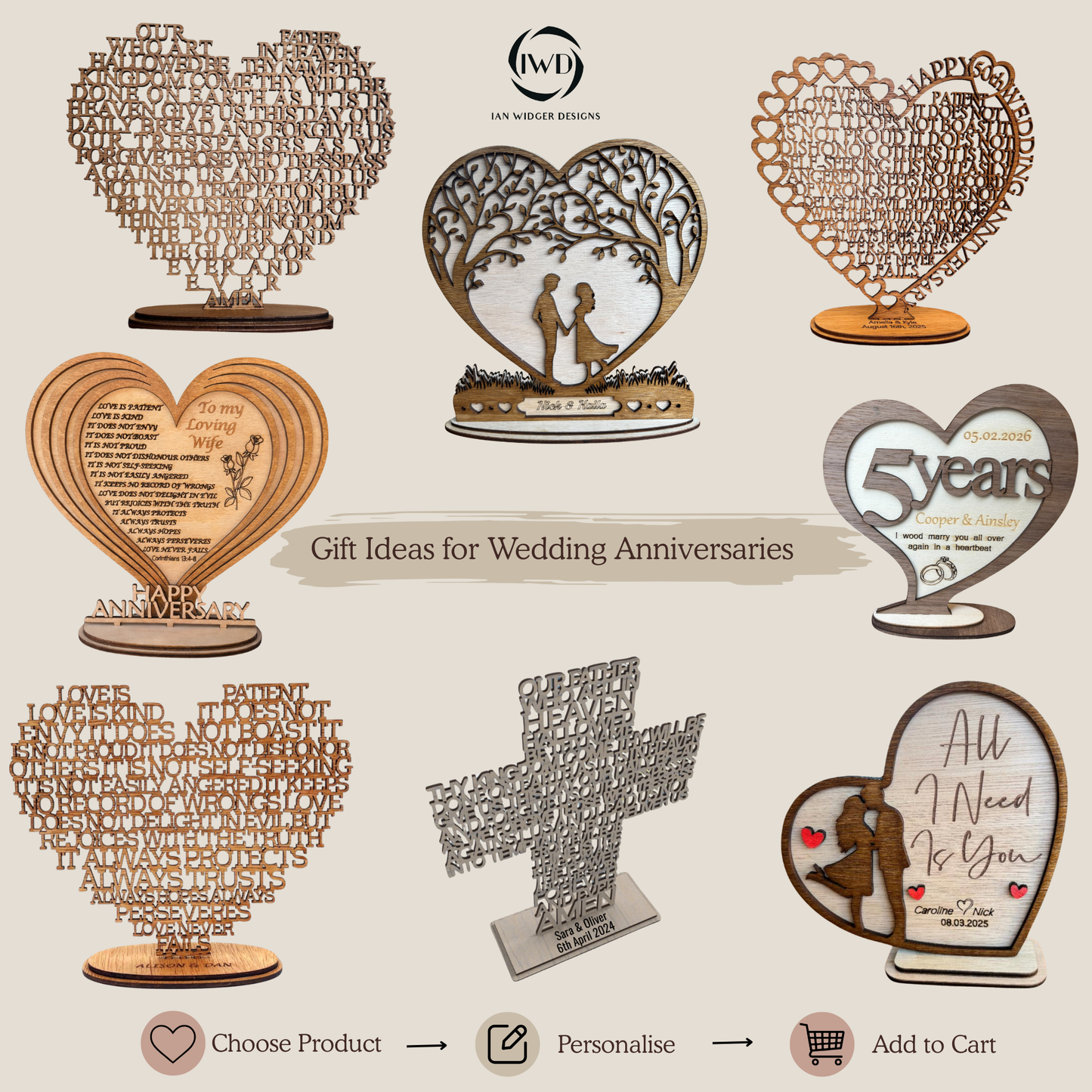 A collage of heart-shaped wooden laser-cut wedding anniversary plaques and crosses on a beige background, with the text 'Gift Ideas for Wedding Anniversaries' and icons for customization and adding to cart.