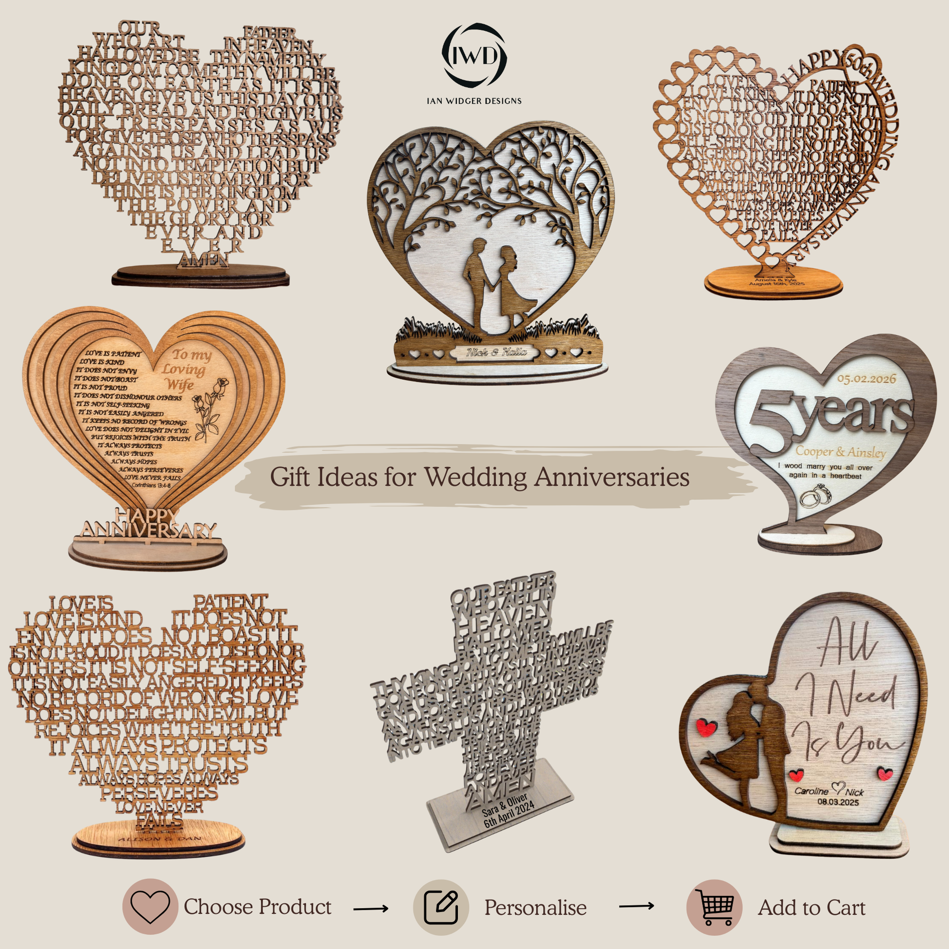 A collage of heart-shaped wooden laser-cut wedding anniversary plaques and crosses on a beige background, with the text 'Gift Ideas for Wedding Anniversaries' and icons for customization and adding to cart.