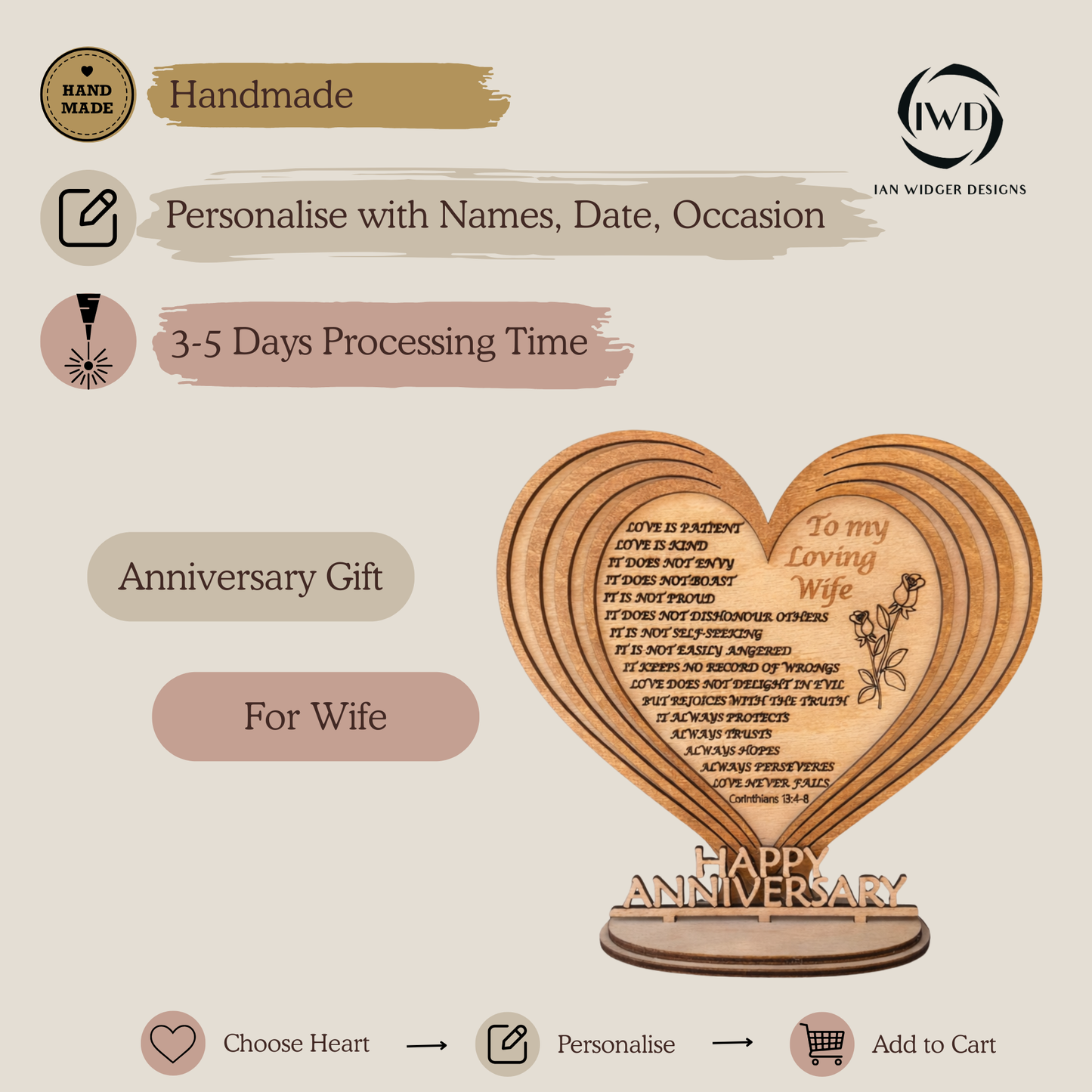 Personalised Bible Verse Anniversary Gift for Husband – Christian Wooden Heart Keepsake (Corinthians 13)