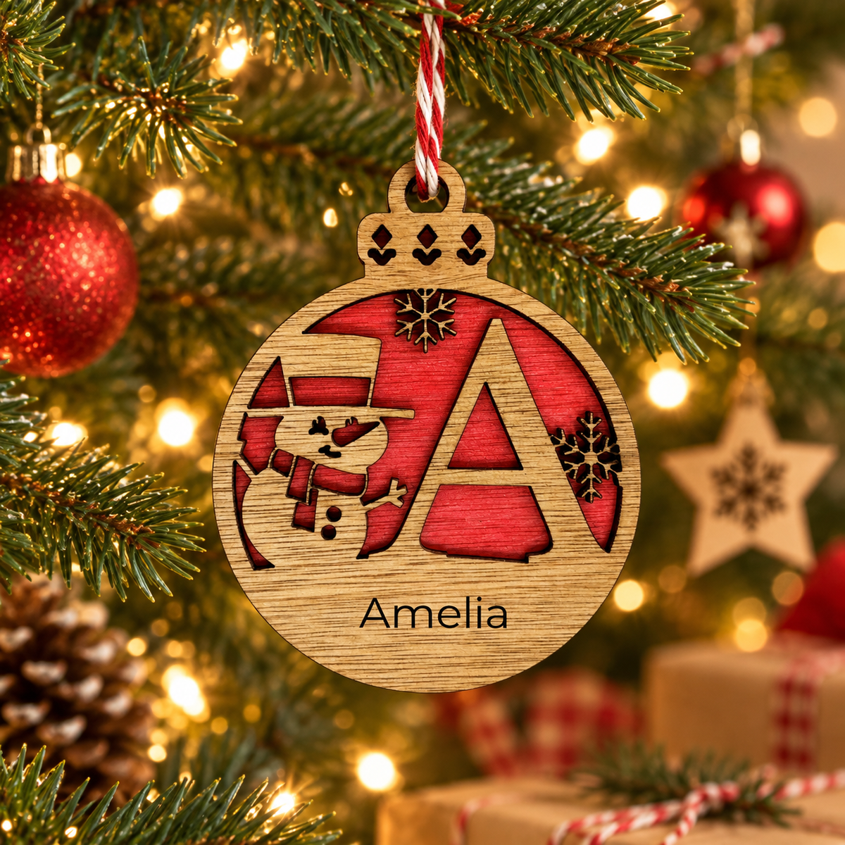 Personalised Wooden Snowman Christmas Bauble – Name & Initial