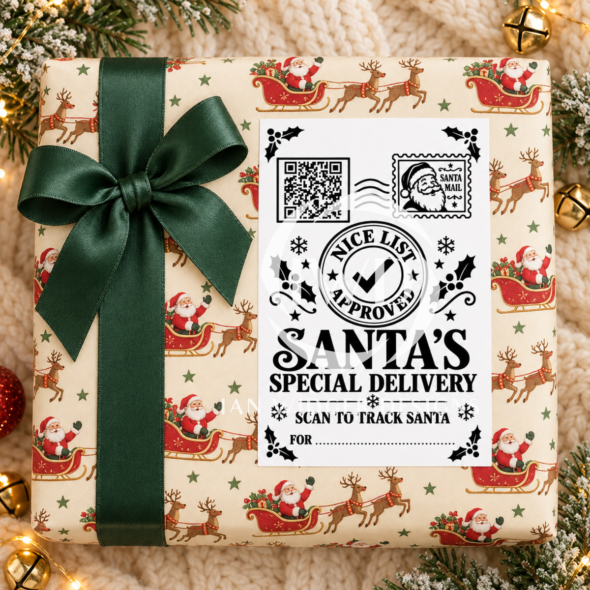 A wrapped gift box with Christmas-themed wrapping paper featuring Santa Claus and reindeer, tied with a dark green ribbon and bow. A white tracking label on the front reads 'Santa's Special Delivery' with a QR code and postage-style stamp design.