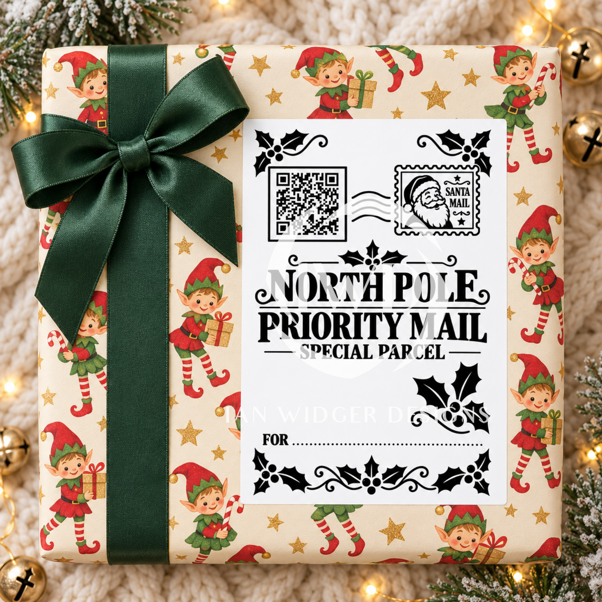 A wrapped gift box with Christmas elf patterned paper, a dark green ribbon, and a white label that reads 'North Pole Priority Mail Special Parcel,' styled with holiday lights and pine branches.