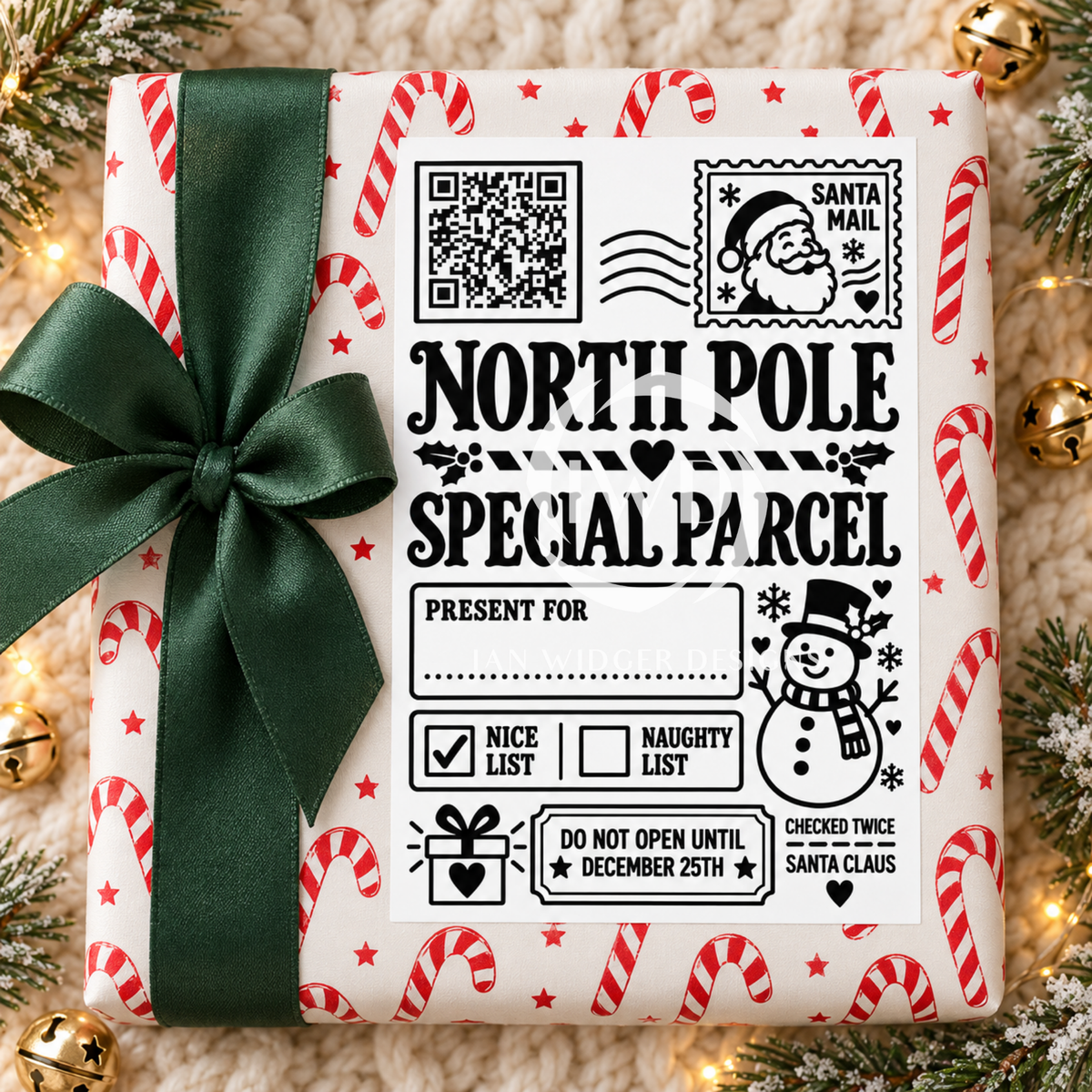 A wrapped gift box with a white paper sleeve printed with candy canes, stars, and holiday text reading 'NORTH POLE SPECIAL PARCEL,' tied with a dark green ribbon bow. The box is photographed on a soft beige surface with pine branches and warm string lights around it.