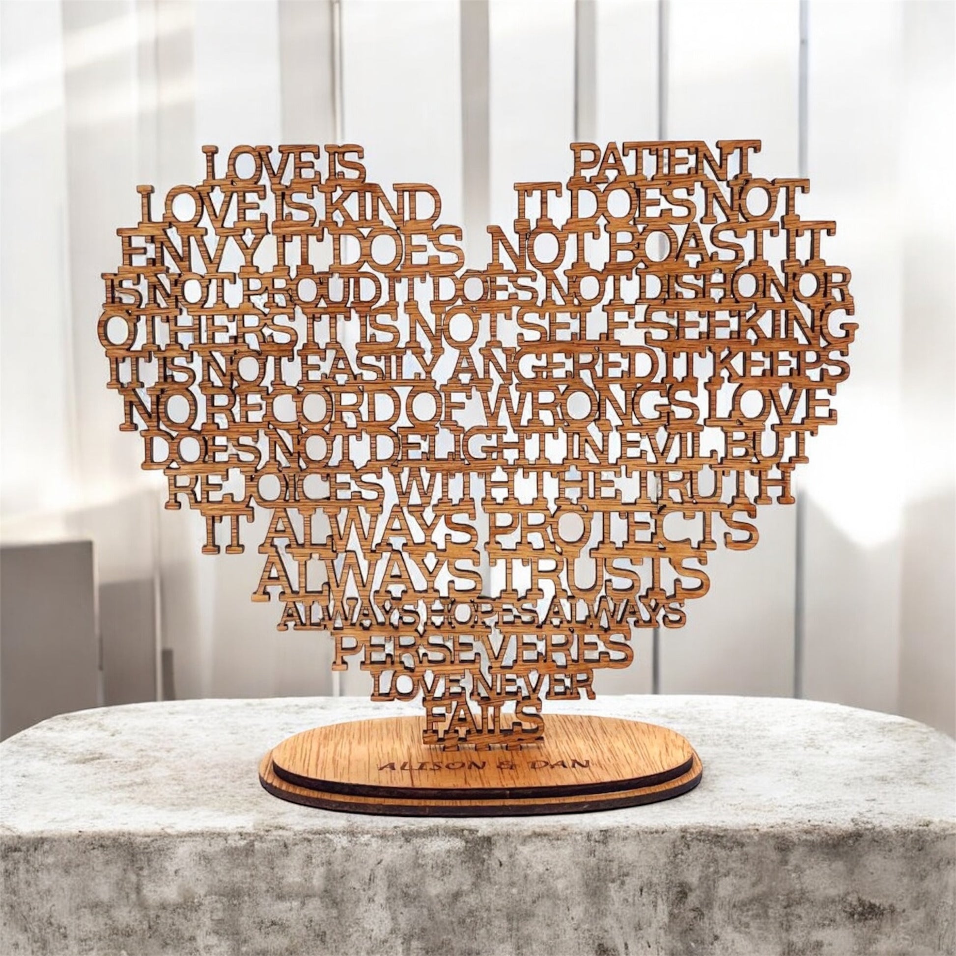60th Wedding Anniversary Gift - Wooden Heart Laser Cut with words from Corinthians Love is Patient Love is Kind