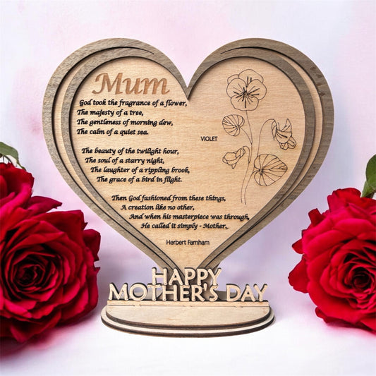 Wooden Heart Plaque with Engraved Poem, Birth Flower Mum Gift