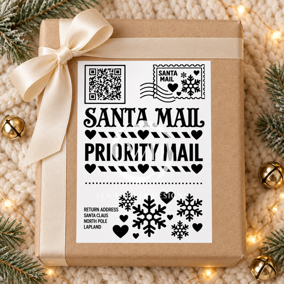 A kraft paper gift box wrapped with a cream satin ribbon and bow, featuring a decorative white holiday label that reads 'Santa Mail Priority Mail' with black snowflakes, hearts, and postage-style graphics. The box is styled on a soft cream knit surface with pine branches, small gold bells, and warm string lights around it.
