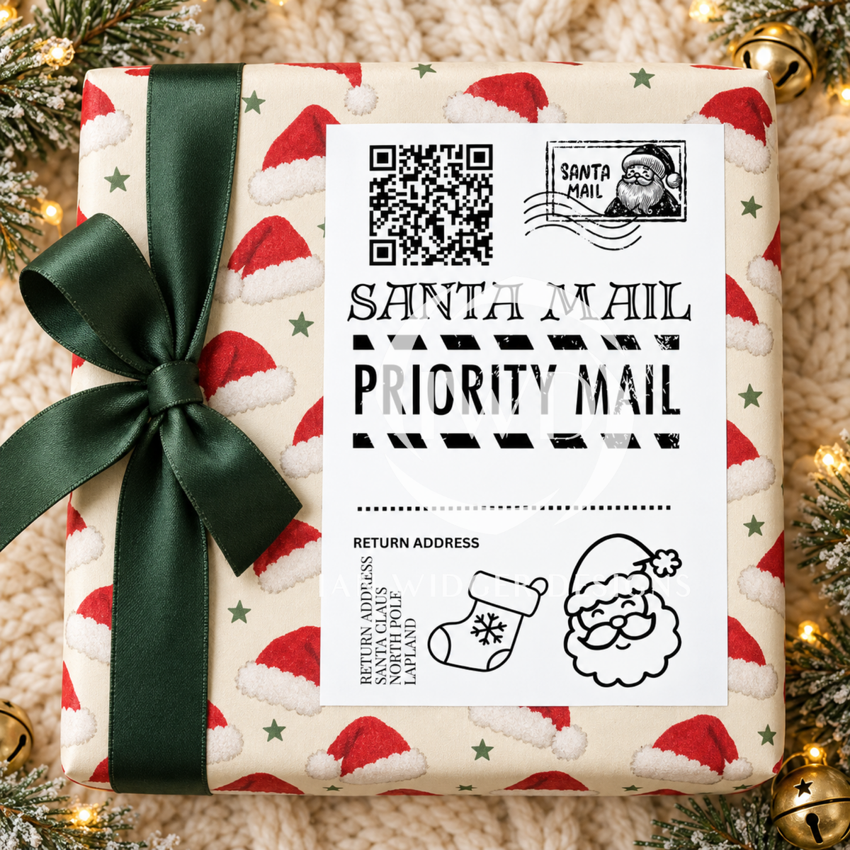 A wrapped gift box with a festive Santa hat pattern, tied with a dark green ribbon, and featuring a printed 'Santa Mail Priority Mail' label. The box is styled on a cozy cream knit blanket with holiday lights and pine branches around it.