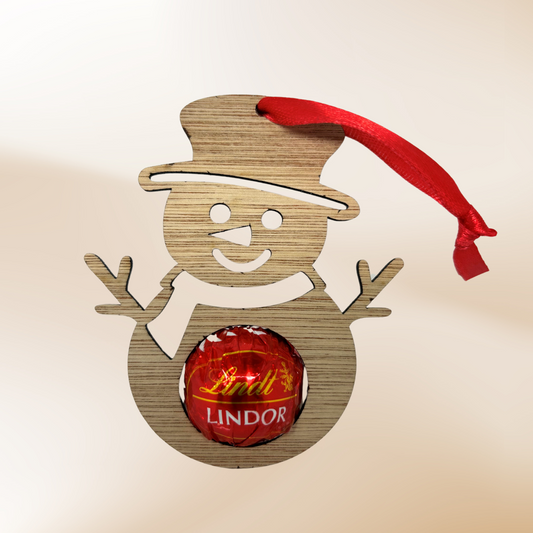 Wooden laser cut snowman chocolate holder which can hold a Lindt Lindor chocolate (not included)