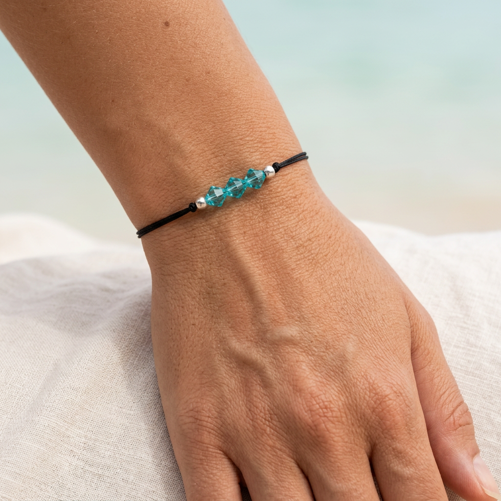 Aqua crystal bracelet worn on a model’s wrist