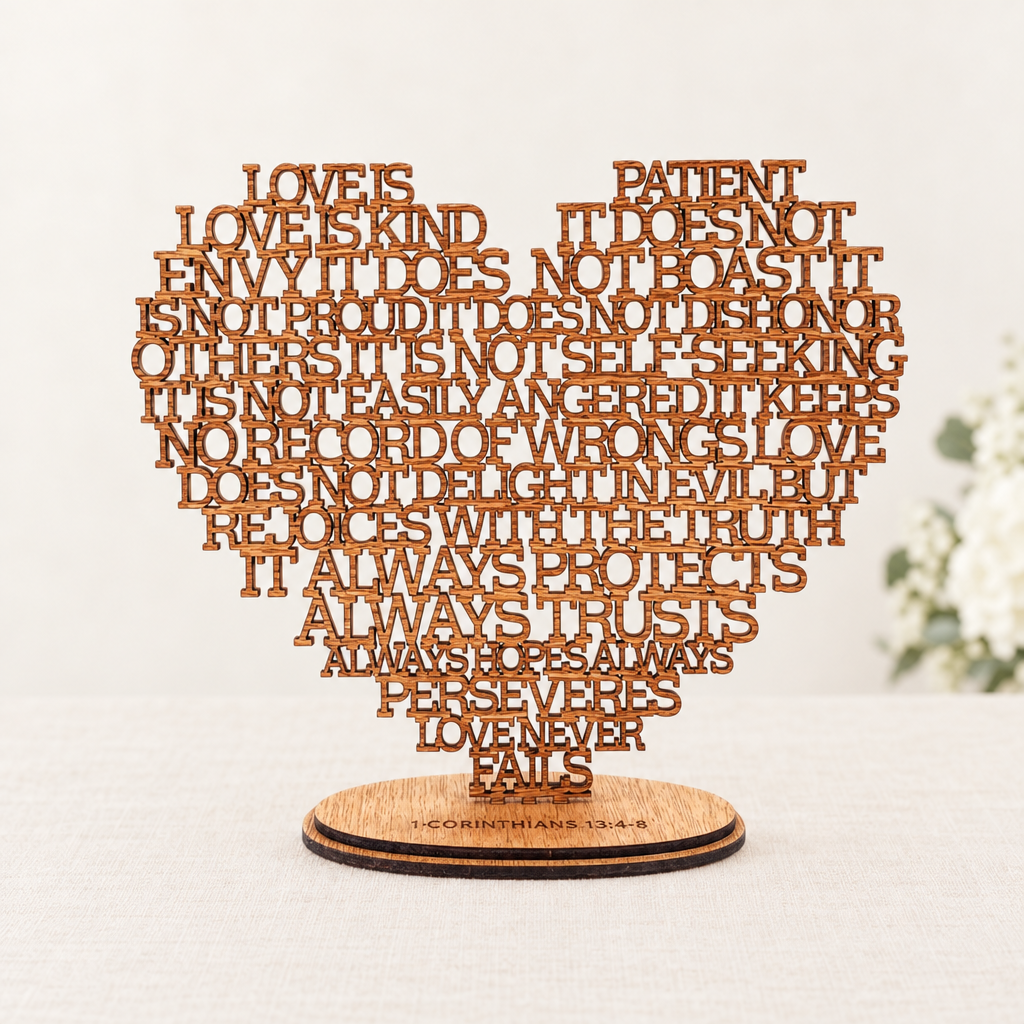 Minimal wedding table setting with the Corinthians heart as the focal point