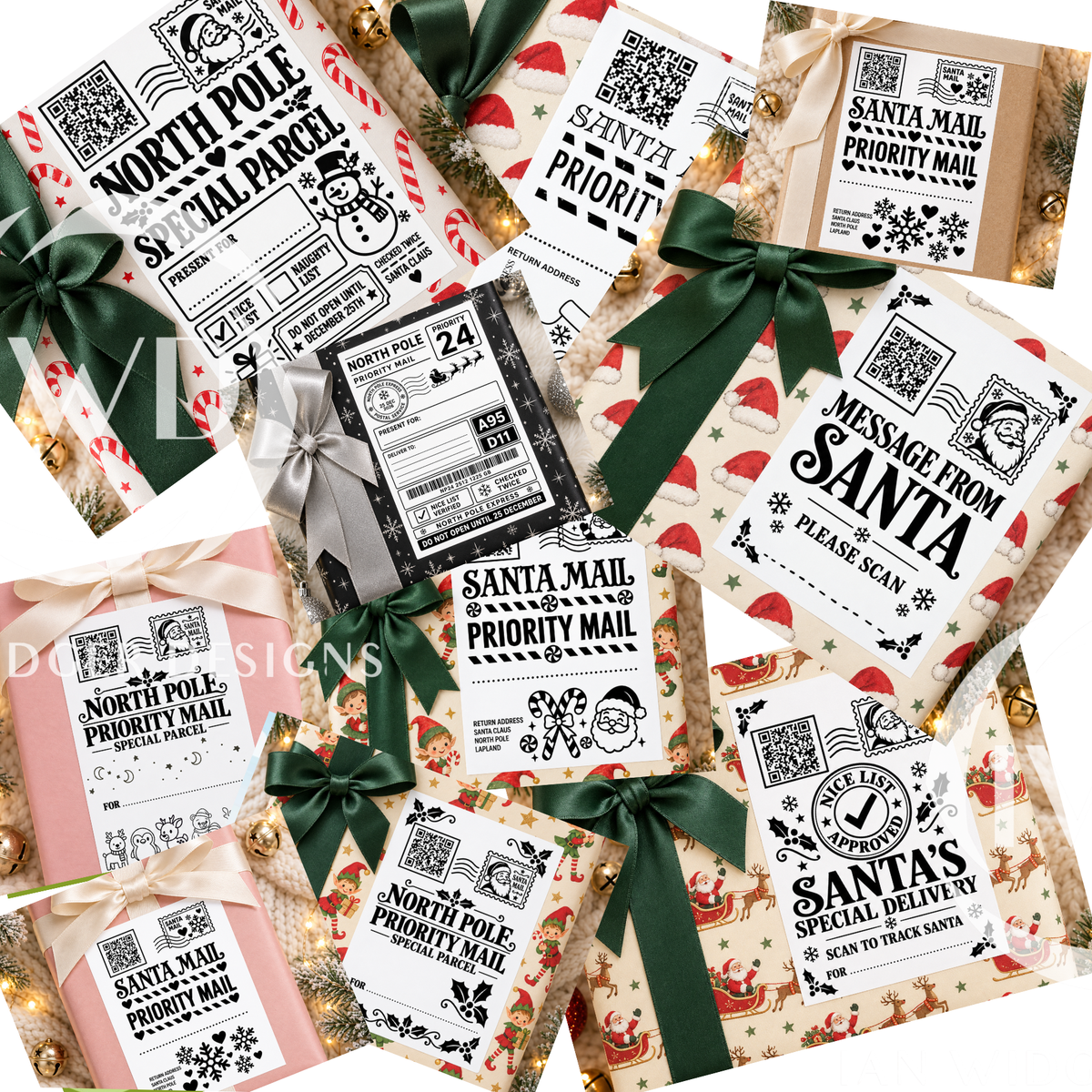 A collage of Christmas-themed priority mail envelopes and gift wraps arranged together. The designs include Santa, snowman, reindeer, candy canes, and holiday patterns, with ribbons in green, pink, beige, and silver.